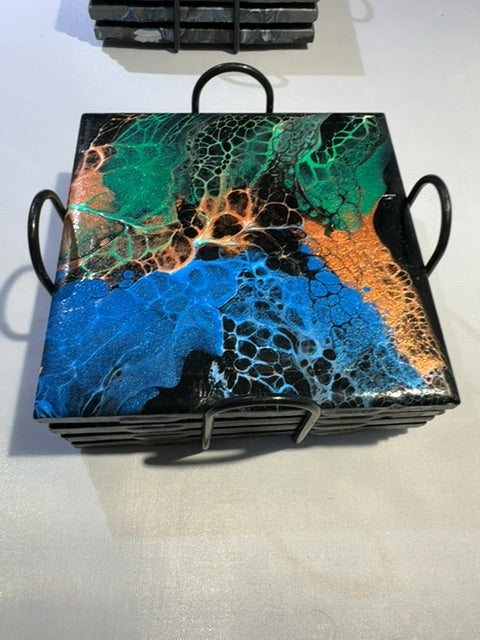 Multi Colored Luminous Creations Acrylic Poured 4 set Coasters Multiple Sizes and Colors, 4 inches x 4 inches
