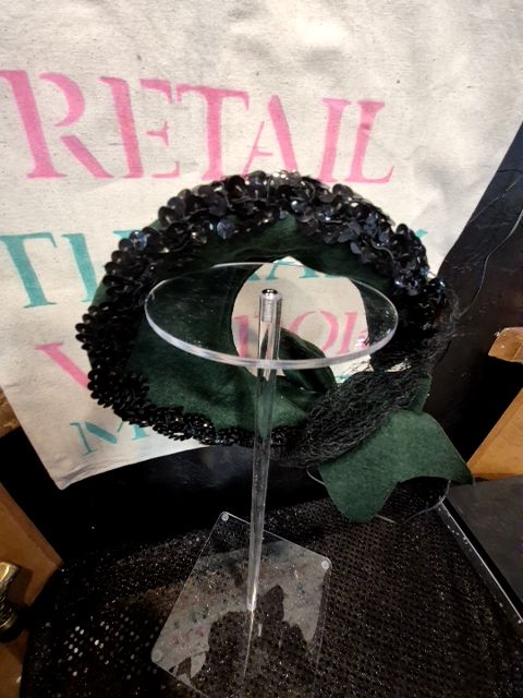 Green w/Black net & sequins Vintage Green Visor type Felt Hat