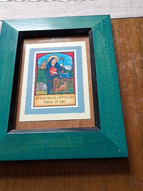 Green wood framed print Patron of cats