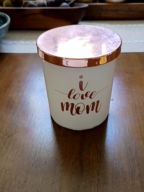 White glass copper colored metal lid "I love mom" 4" x 4"