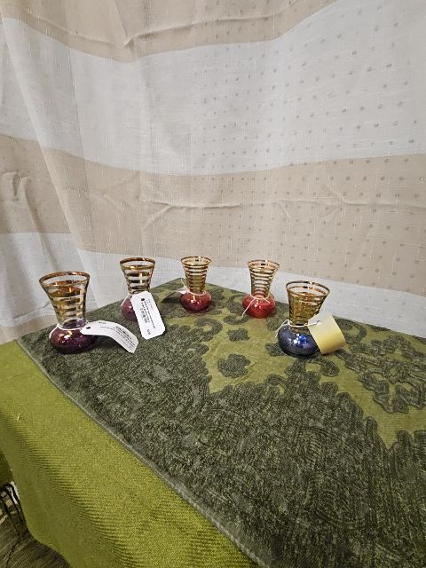 MCM  3.75" glass bud vases w/ gold stripes Barlett Collins LR