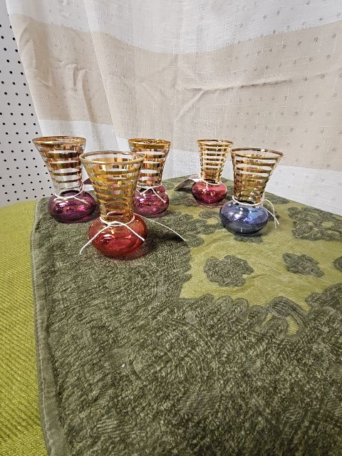 MCM  3.75" glass bud vases w/ gold stripes Barlett Collins LR