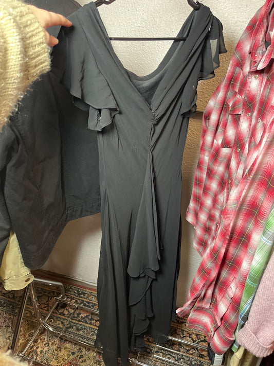 90s Black Flowy Formal Dress, M
