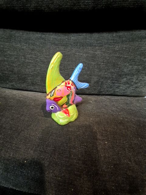 Purple Face, Blue Tail Handmade Mexican Pottery Fish, 4 inches