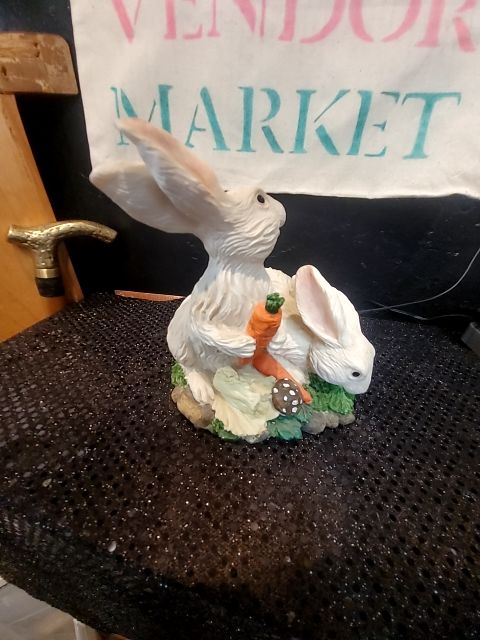 White 2 Bunny w/veggies & Jelly Beans figurine, 6" × 5.5" × 6.25"