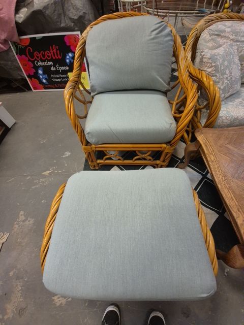Rattan Chair & Foot Rest Blue Cushion