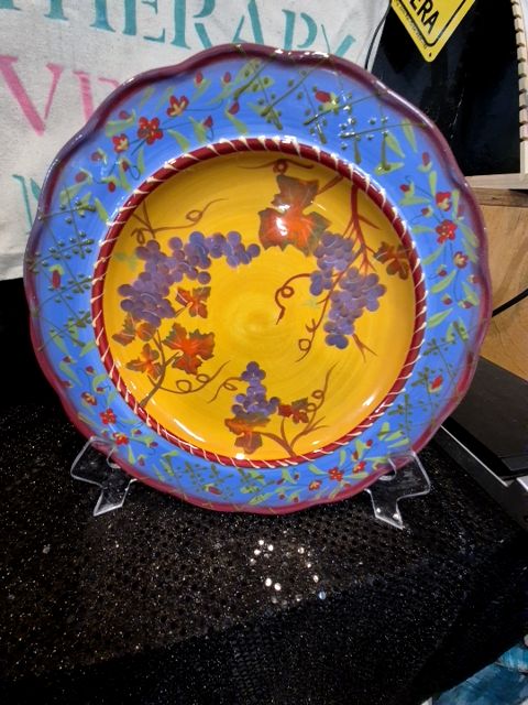 Yellow w/Grapes & Blue Rim Hand Painted Plate, 10.5"