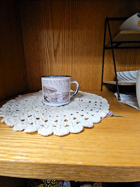 Granny's White enamelware cup JC