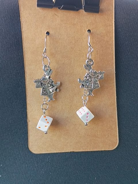 Silver with white dice with pink and orange markings Designs by Raven Dangle Hook Earings