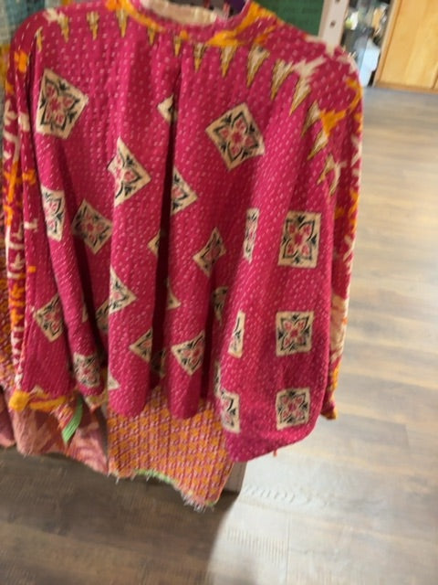 Red/Yellow Kantha Bae Kantha Reversible Top Batwing Sleeves, Free Size