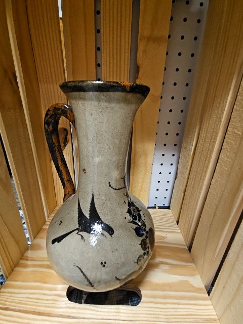 RARE Vintage Tonala Pitcher by Salvador Vasquez Carmona, Brunido Pottery, 70s Mexico, Bird & Floral
