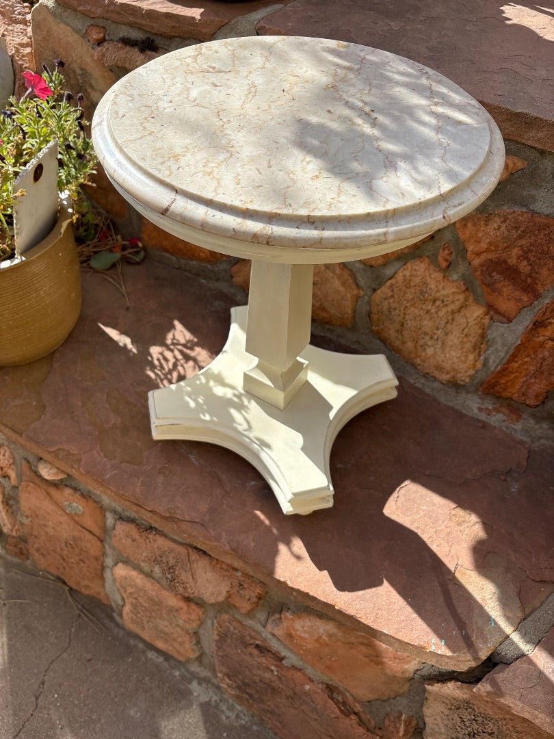 White Small white pedestal table with stone top