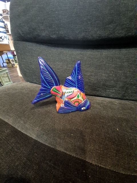 Blue Face and Tail, Pink Body Hand-Painted Mexican Pottery Fish, 5.5 inches