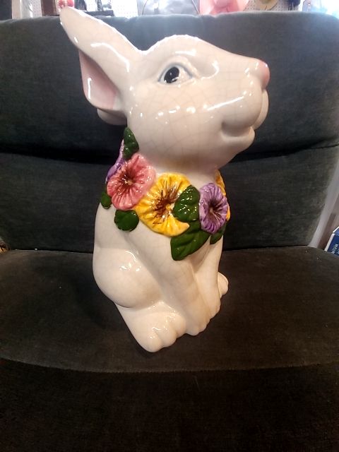 White w/yellow & purple flowers Porcelain Bunny w/Flower Collar, 6" × 7" × 11"