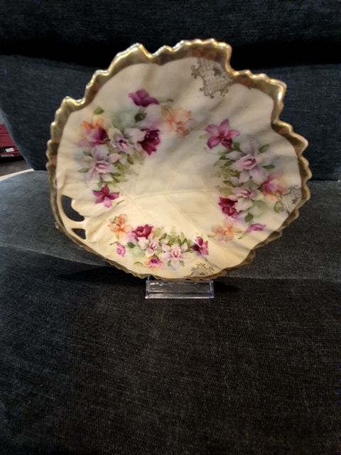 Ivory w/Gold trim and pink flowers Beyer & Bock Hand Painted Dish, 6.5"