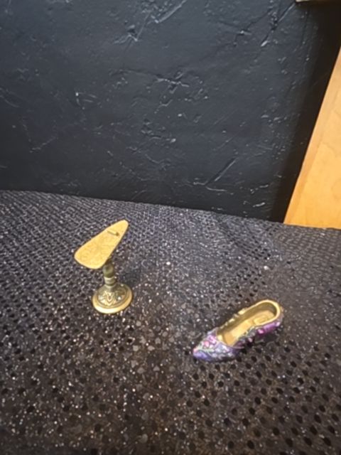 Sweet Romance USA Made Doll House Miniature Purple/Gold Pewter Shoe and Stand