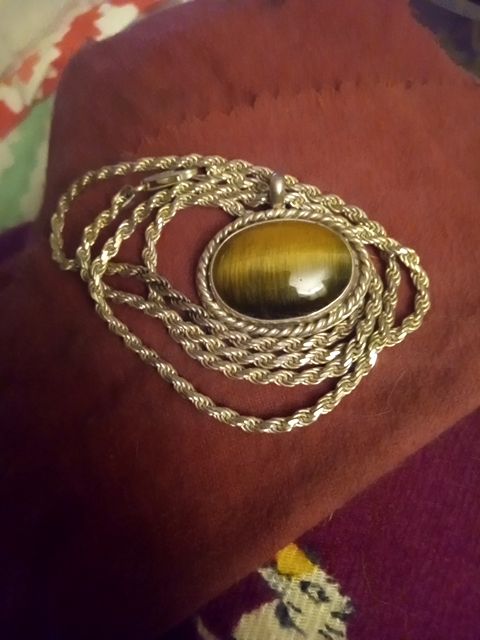 Large heavy sterling silver tiger eye pendant with chain