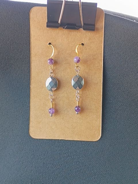 Gold tone, purple and silver Designs by Raven Dangle Hook Earings
