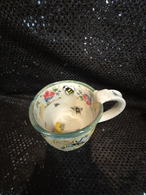 Signed Melony Sawyer Bumblebee Ceramic Mug, 4.5" × 4"