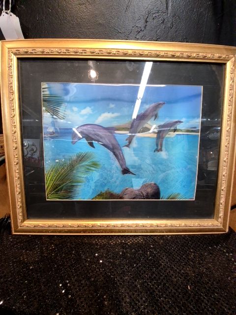 Gold Frame Dolphin 3-D Picture, 23" × 19"
