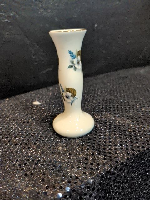 Lord Nelson Pottery Bud Vase Hand Crafted in England White & Blue Flowers