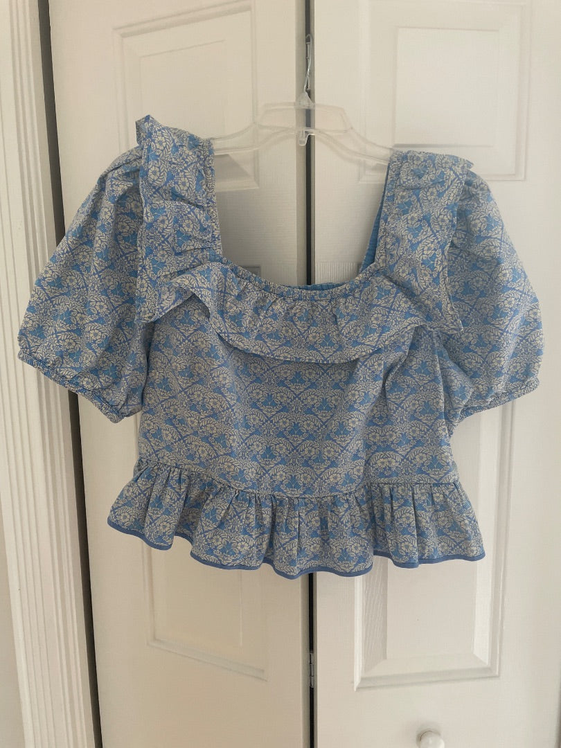 Laura Ashley/Joanie blue ruffled top, 12