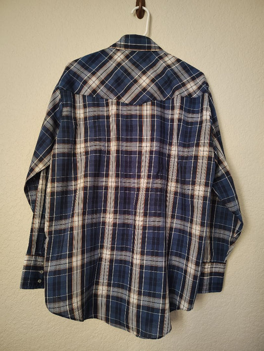 Blue Multi Plains Snap Front Shirt Plaid Long Sleeve, Large