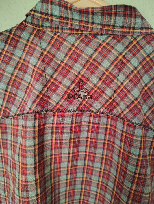 Red multi Prana Snap Front Shirt Plaid Long Sleeve, XL