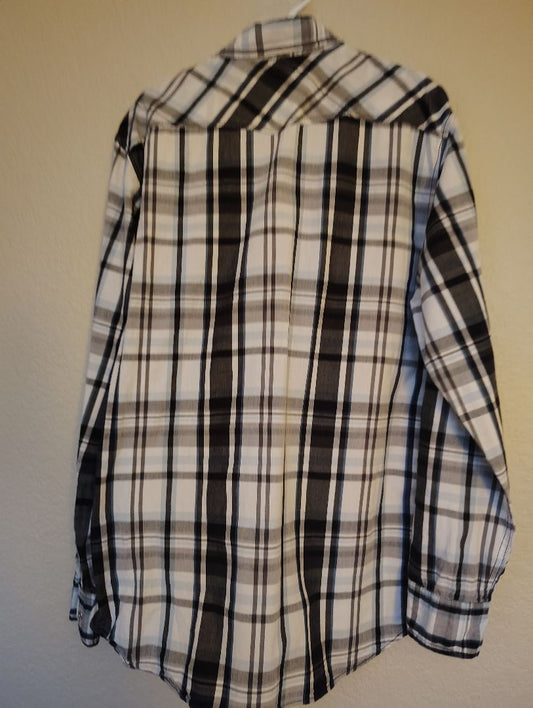 Black White Multi ReClaim Snap Front Shirt Plaid Long Sleeve, xl