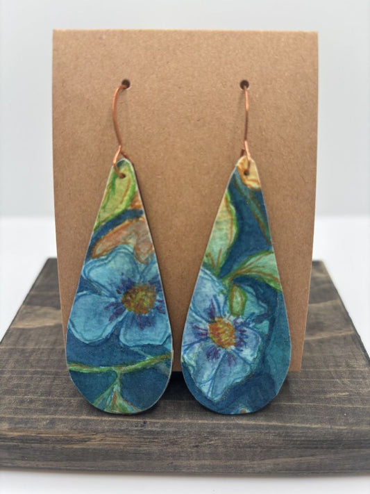 Hand-Painted Watercolor Earrings on Wood, Elongated Teardrop, 2.75"