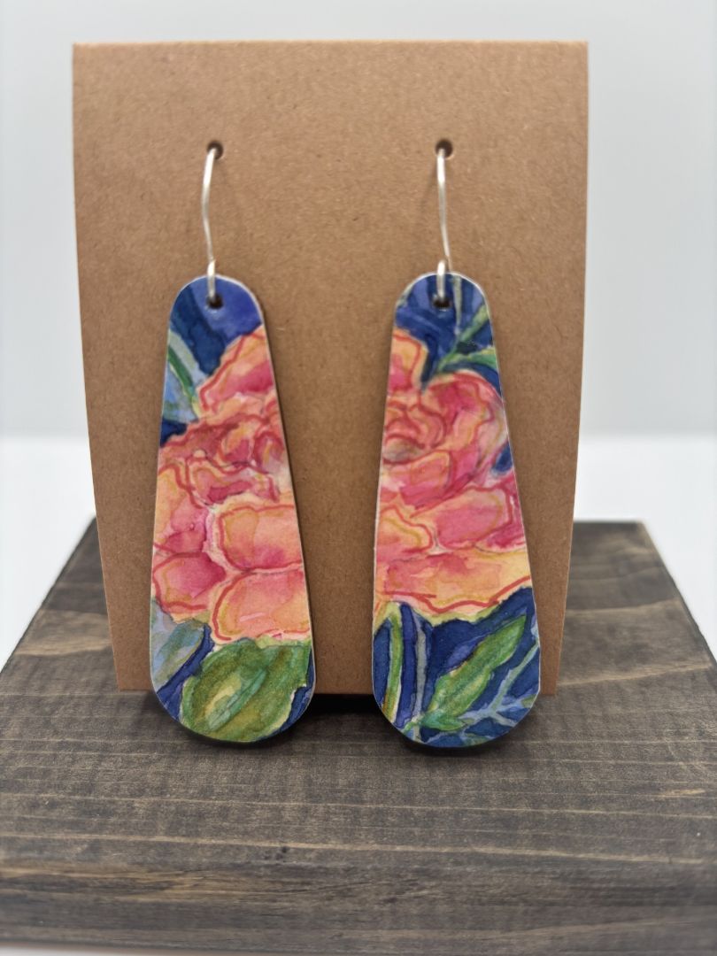 Hand-Painted Watercolor Earrings on Wood, Elongated Teardrop, 2.75"