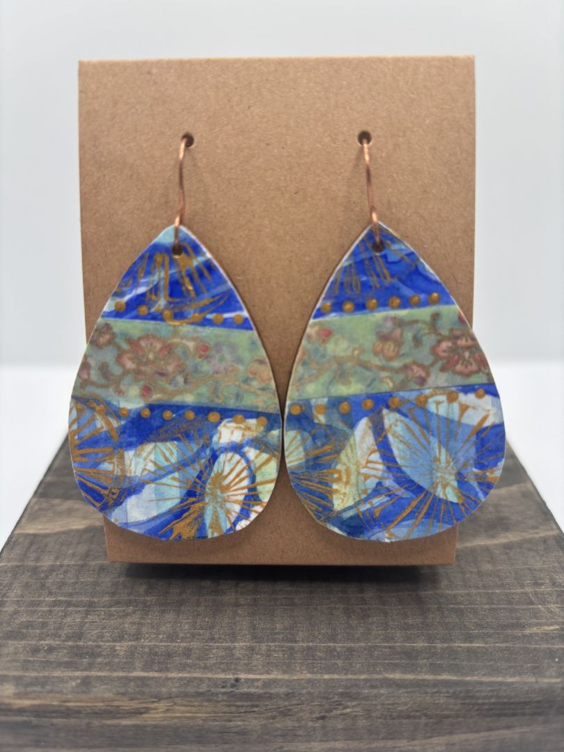 Hand-Painted Watercolor Earrings on Wood, Teardrop, 2"