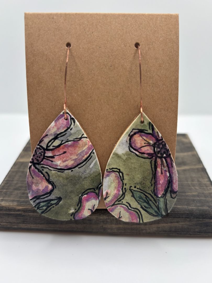 Hand-Painted Watercolor Earrings on Wood, Teardrop, 2"
