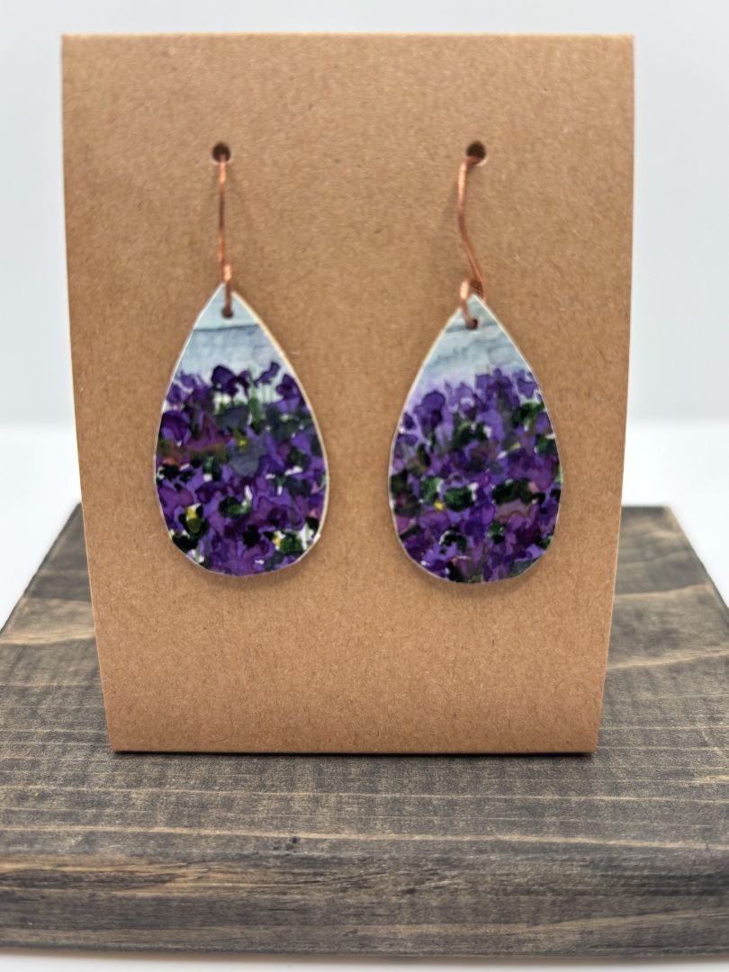 Hand-Painted Watercolor Earrings on Wood, Teardrop, 1.25"