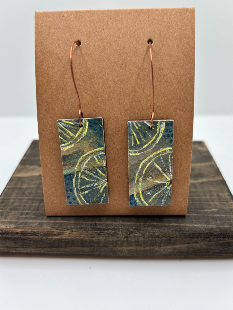 Hand-Painted Watercolor Earrings on Wood, Rectangle, 1.5"