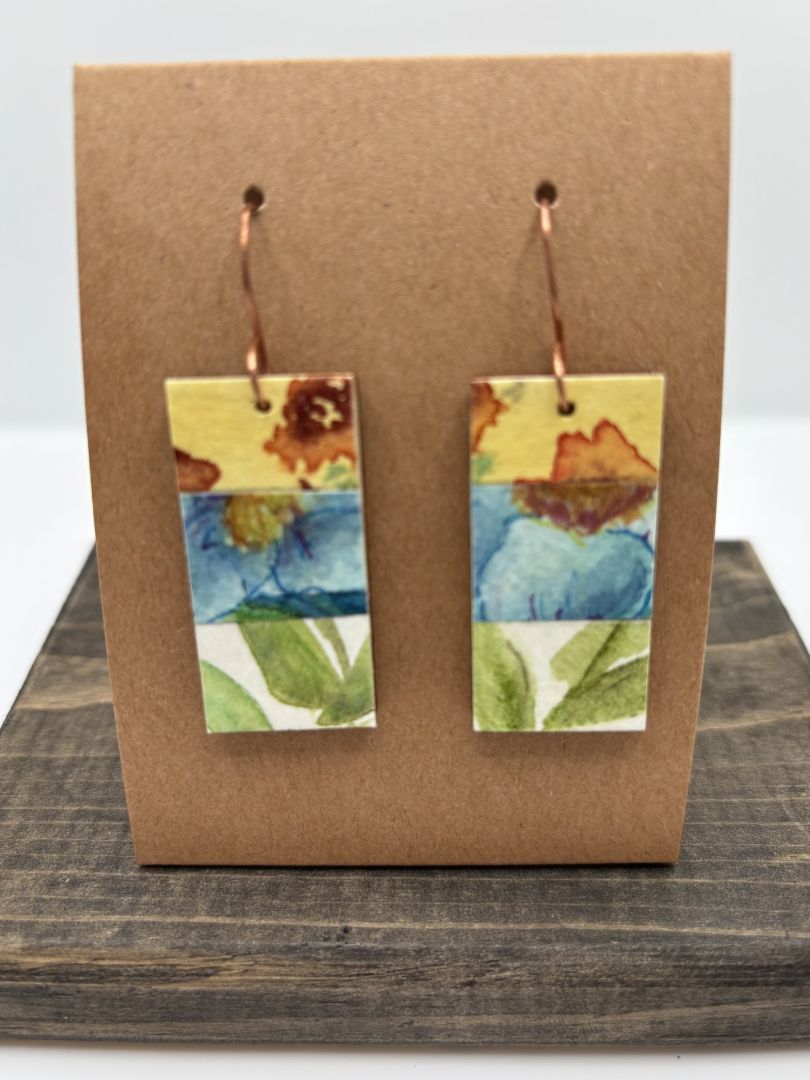 Hand-Painted Watercolor Earrings on Wood, Rectangle, 1.5"