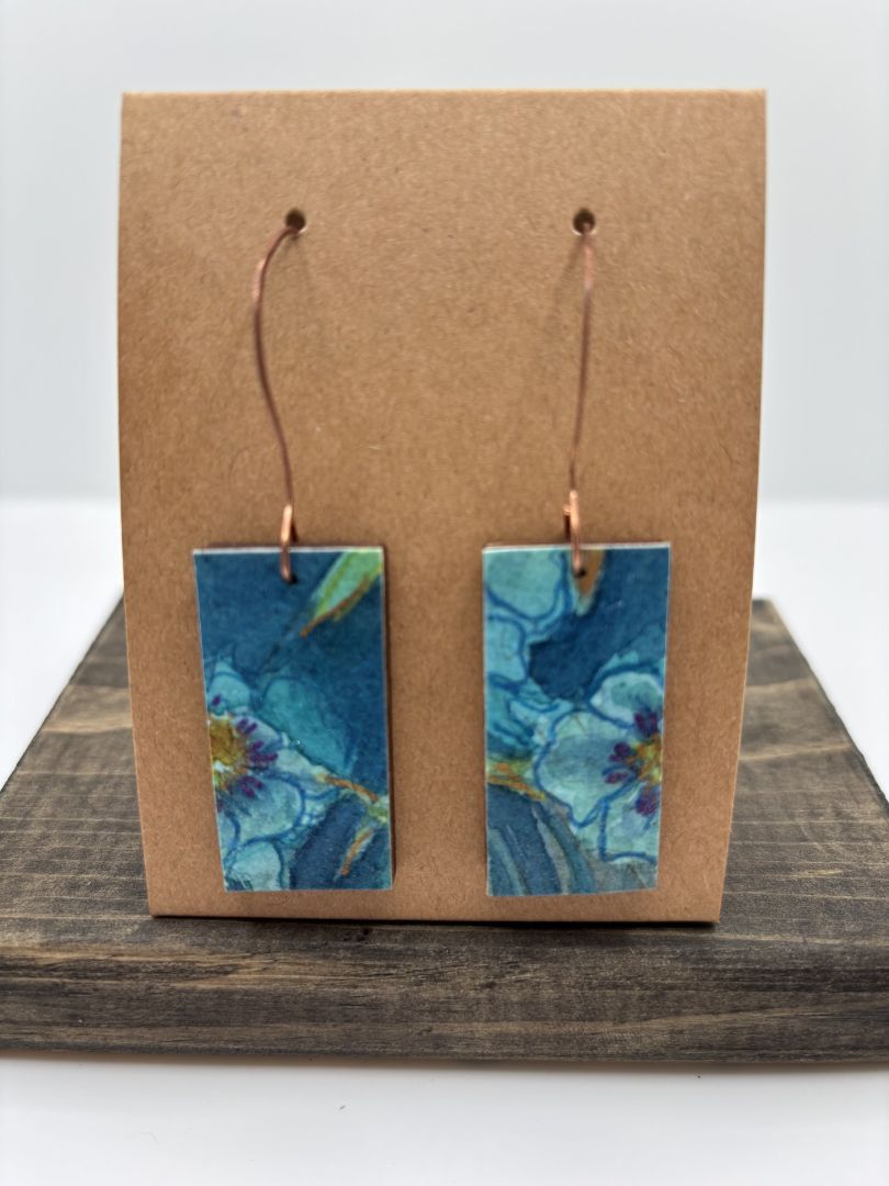 Hand-Painted Watercolor Earrings on Wood, Rectangle, 1.5"