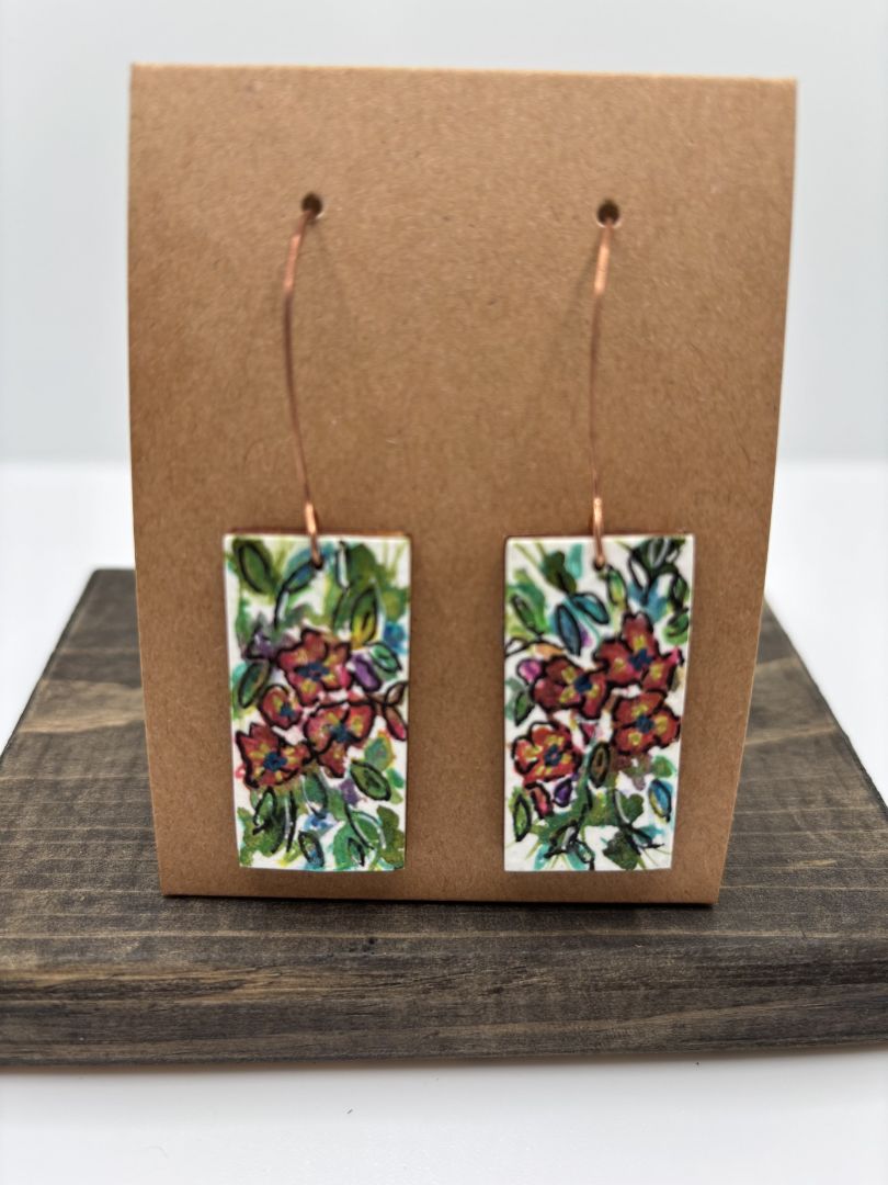 Hand-Painted Watercolor Earrings on Wood, Rectangle, 1.5"