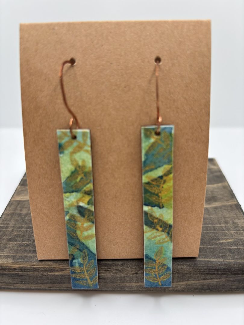 Hand-Painted Watercolor Earrings on Wood, Elongated Rectangle, 2.5"