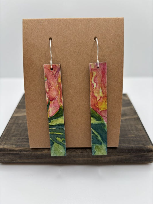 Hand-Painted Watercolor Earrings on Wood, Elongated Rectangle, 2.5"