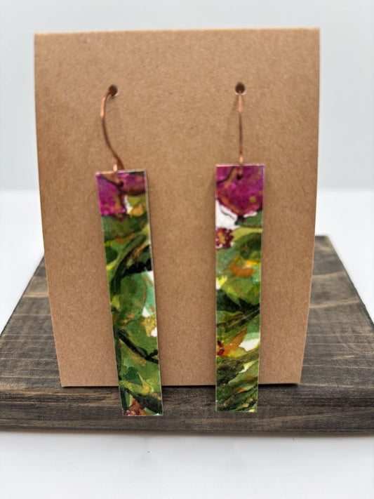 Hand-Painted Watercolor Earrings on Wood, Elongated Rectangle, 2.5"