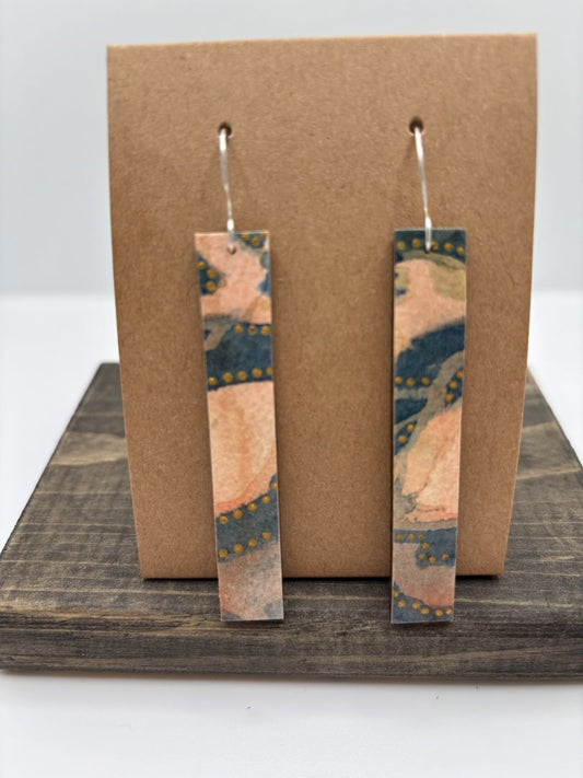 Hand-Painted Watercolor Earrings on Wood, Elongated Rectangle, 2.5"