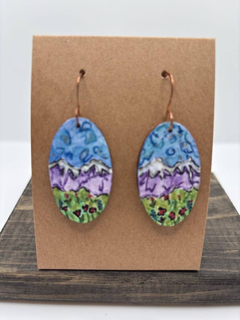 Hand-Painted Watercolor Earrings on Wood, Oval, 1.5"