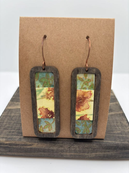 Hand-Painted Watercolor Earrings on Wood Bezel, Rectangle, 2"