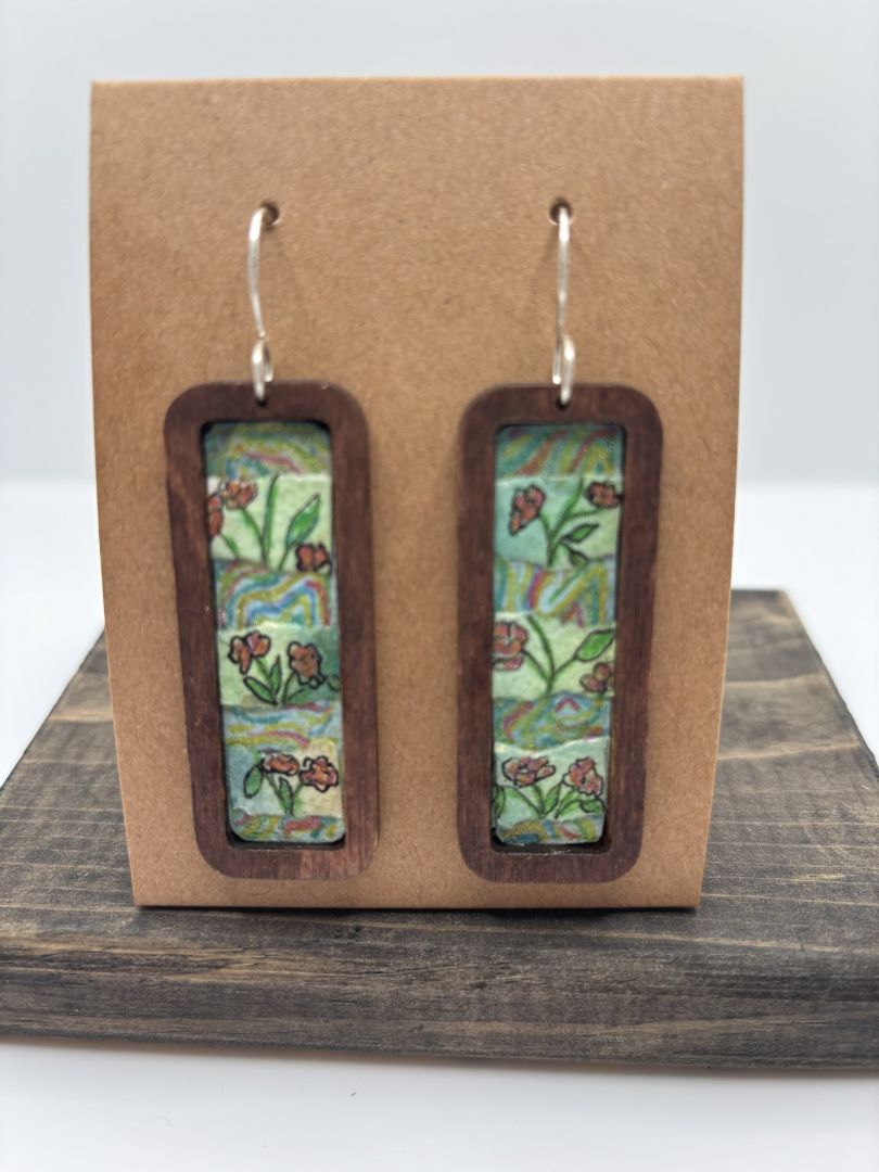 Hand-Painted Watercolor Earrings on Wood Bezel, Rectangle, 2"