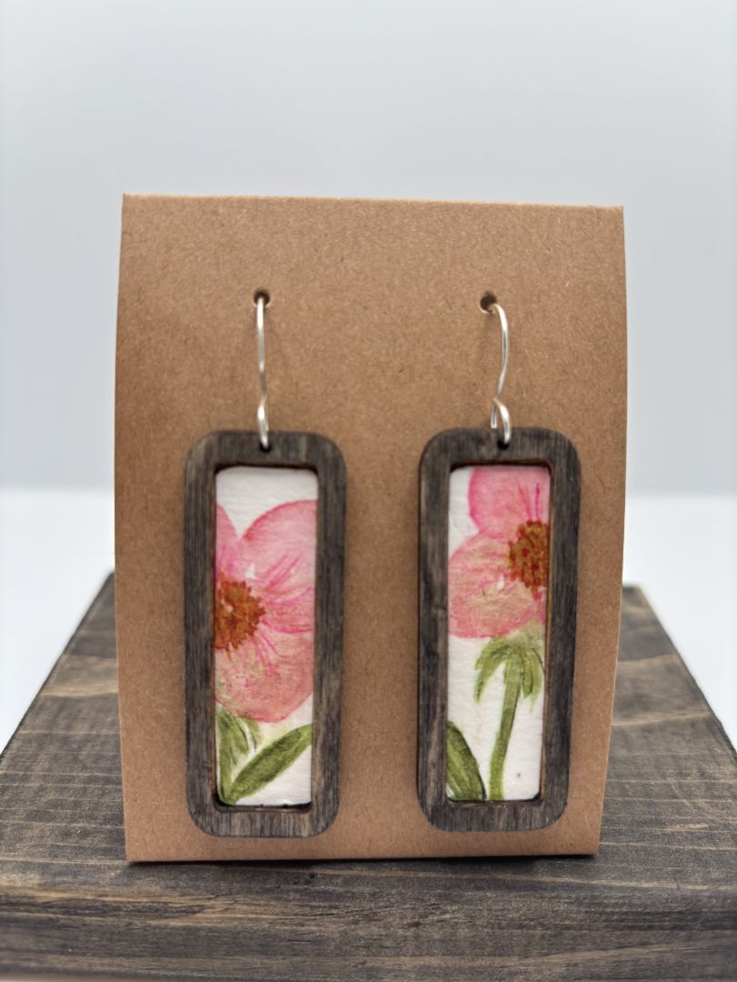 Hand-Painted Watercolor Earrings on Wood Bezel, Rectangle, 2"