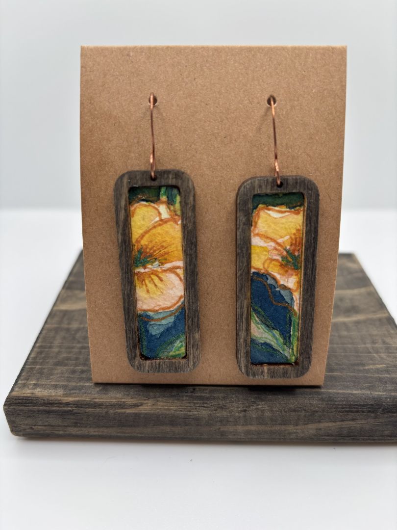 Hand-Painted Watercolor Earrings on Wood Bezel, Rectangle, 2"