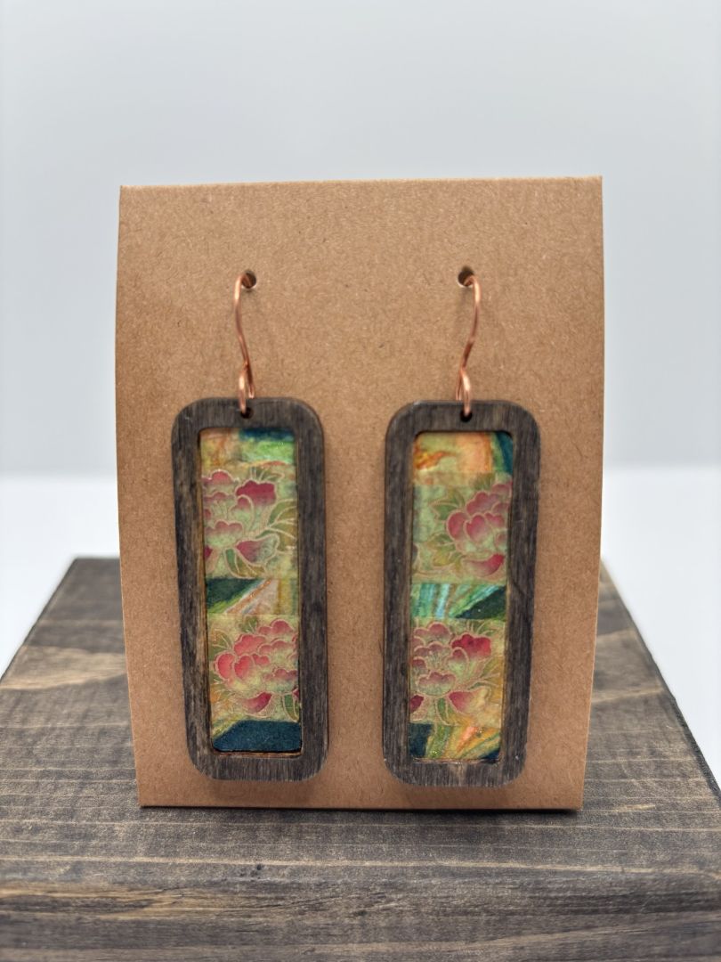 Hand-Painted Watercolor Earrings on Wood Bezel, Rectangle, 2"