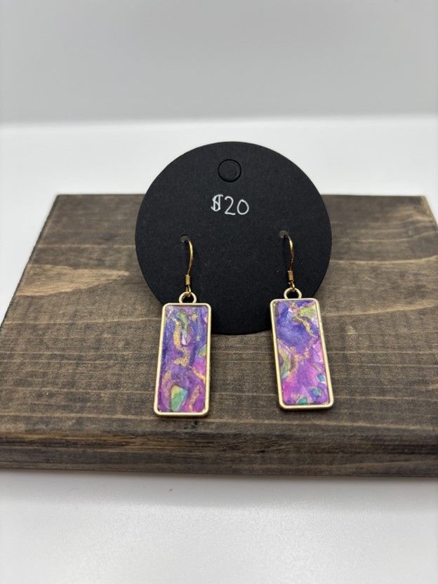 Hand-Painted Watercolor Earrings on Metal Bezel, Rectangle, 1"
