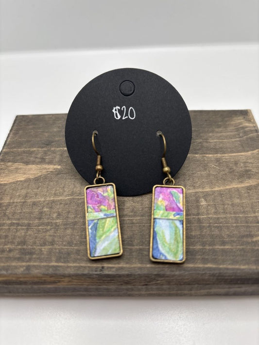 Hand-Painted Watercolor Earrings on Metal Bezel, Rectangle, 1"